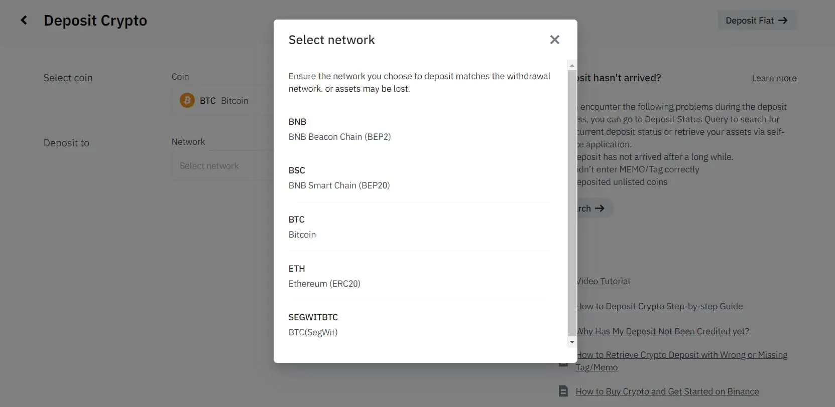 Pilih jaringan untuk deposit di Binance